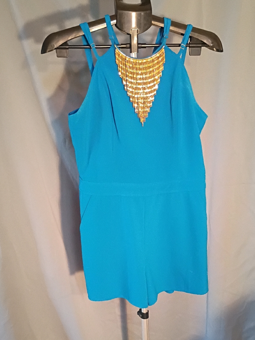 bebe Blue Satin Lined Top with Gold Zipper Detail